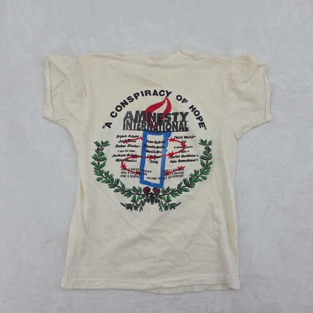 VTG 80s Amnesty International Conspiracy Of Hope Concert Shirt Sz Med STAINED - Picture 10 of 12